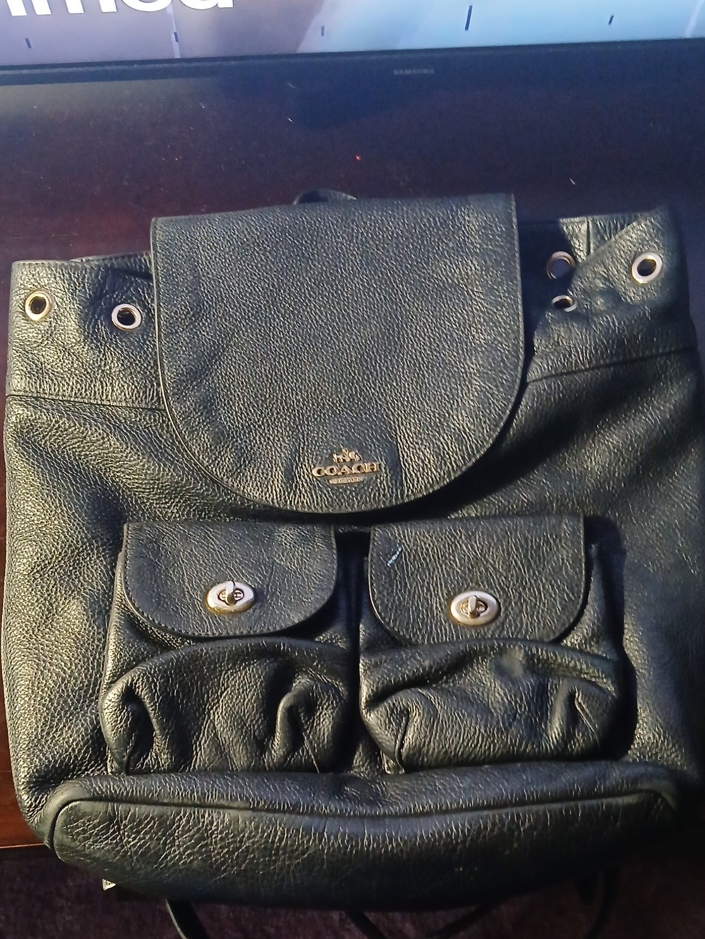 Coach Black Pebbled Leather Backpack with Front Pockets